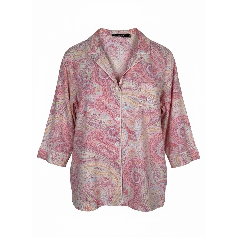 Lauren Ralph LRL Notched Collar Pajama Top Medium Pink Paisley Cotton Blend